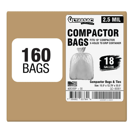 Ultrasac 18 Gallon Compactor Bags (160 Pack with Ties) For 18 Inch Compactors - 28.25" x 33.5" Heavy Duty 2.5 MIL Garbage Disposal Bags Compatible with Whirlpool