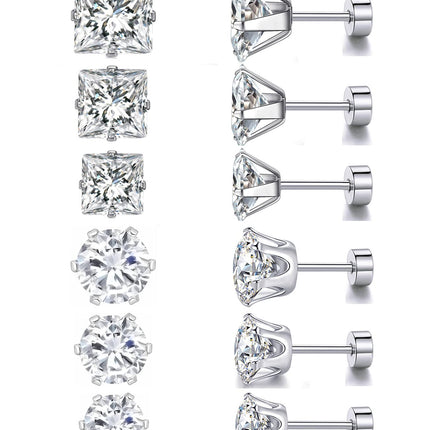 6 Pairs Screw Back Titanium Surgical Stainless Steel Round Square Princess Cut CZ Earrings For Women Men Hypoallergenic Cubic Zirconia Earrings (White Gold Plated)