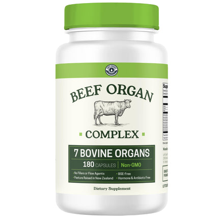 Beef Organ Supplement Grass Fed - 7 Beef Organs Complex from New Zealand - Liver Heart Pancreas Kidney Lung Spleen Bone Marrow - Non-GMO, No Fillers, Hormone & Antibiotic Free - Carnivore Diet - 180ct
