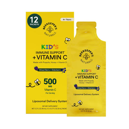 Kid's Immune Liposomal Vitamin C by Beekeeper's Naturals, 500 mg Vitamin C, Elderberry, Vitamin D, Propolis & Honey, Kid-Friendly Immune Support - Mixed Berry Flavor, Easy to Use, Bioavailable, 12 Ct