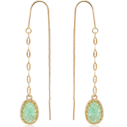 Aqua Green Dangle Earrings for Women - Long Boho Faux Druzy Threader Drops