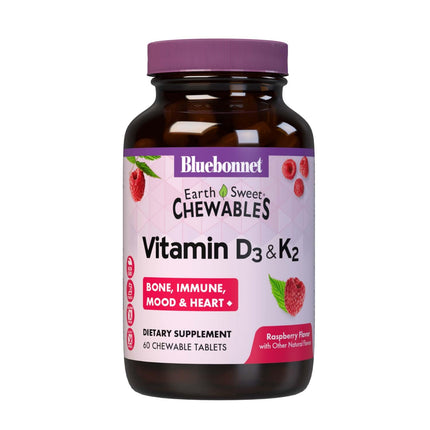 Bluebonnet Nutrition Vitamin D3 & K2 EarthSweet Chewable Tablets, for Immune, Mood & Heart Health*, Soy-Free, Gluten-Free, Non-GMO, Kosher Dairy, 60 Raspberry Flavor Chewable Tablets, 60 Servings