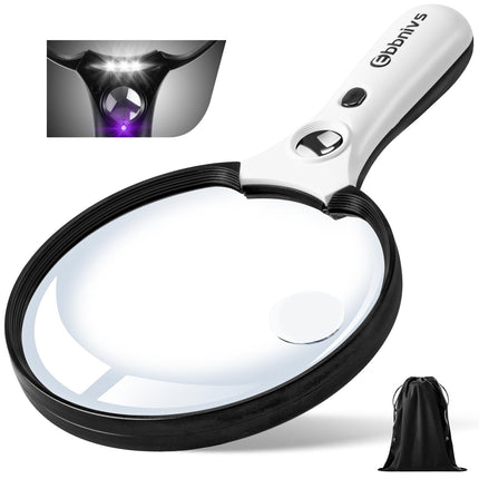 Large Magnifying Glass with Light, Magnifier Handheld Illuminated Lighted Magnifier with 3 LED Lights 1 UV Light Storage Bag Clean Cloth for Seniors Reading Inspection