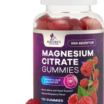 Magnesium Citrate Gummies - High Absorption Magnesium Citrate Gummy Supplement - Natural Bone, Nerve, Muscle, Calm, & Relaxation Support for Adults - Raspberry Flavor, Gluten Free, Vegan - 120 Gummies
