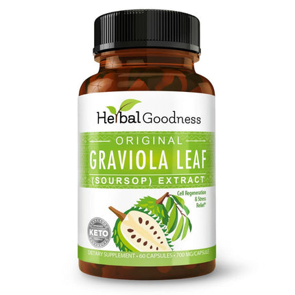 Herbal Goodness Soursop Capsules - 4X Strength Guanabana Soursop Leaves Extract for Cell Function & Immune Support | Digestive Health Supplement - Non GMO, USDA Organic Graviola 60 Vegan Pills 700mg
