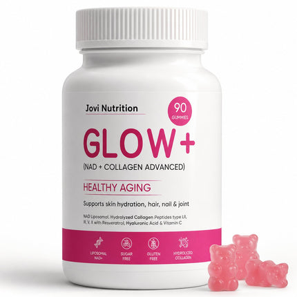 JOVI NUTRITION Jovi Glow+ NAD+ & Collagen Gummies, Multi-Type Hydrolyzed Collagen Peptides, Resveratrol, Hyaluronicacid, Vitaminc, Supplement for Skin, Hair, Nails, 90 Count (1, A)
