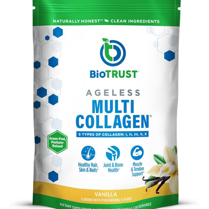 BioTrust Ageless Multi Collagen Peptides Powder – 5 Types (I, II, III, V, X) – Vanilla Collagen Powder for Women & Men – Hydrolyzed Protein – Grass Fed Beef, Fish, Chicken, Eggshell Membrane