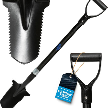 CKG Carbon Metal Detecting Shovel Digging Tool with Double Serrated Blade – Lightweight Digger Garden Root Cutter, Spade Professional Metal Detector Accessories, Gold Digger Shovel - Carbon Black