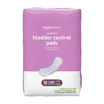Amazon Basics Incontinence Pads for Women, Long, Postpartum, Bladder Control, Ultimate Absorbency, Fresh Protection, Unscented, 30 Count