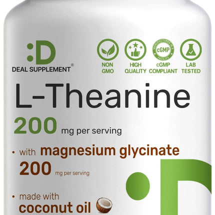 L-Theanine with Magnesium Glycinate, 360 Softgels | L-Theanine 200mg & Magnesium Glycinate 200mg per Serving | 2-in-1 Amino Acid & Mineral Complex | Made with Coconut Oil | Non-GMO, cGMP Manufactured