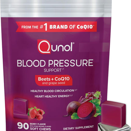 Qunol Beets Chews for Blood Pressure Support, 3 in 1 Beets + CoQ10 + Grape Seed Extract, Supports Healthy Blood Circulation & Heart Healthy Energy, 90 Chews