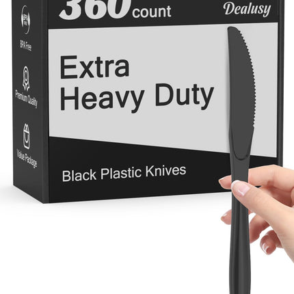 Dealusy 360 Count Extra Heavy Duty Black Plastic Knives Disposable, BPA-Free, Heat Resistant, Solid and Durable Disposable Knives Bulk, Premium Plastic Knives heavy duty for Party Supply