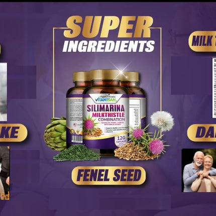 VITAMISAN Milk Thistle silimarina with Dandelion, Fennel. Licorice, Artichoke Alfalfa Detox & Cleansing Formula Support Liver 120 Capsules