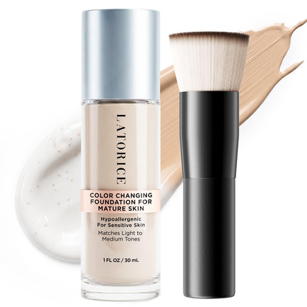 Color Changing Foundation with Professional Brush for Mature Skin: No Settling, Buildable Coverage, 12-Hour Hydration & Wear, Light to Medium Tones, Fragrance-Free - 1 FL OZ