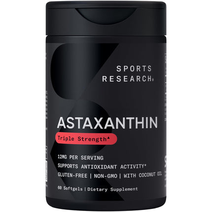 Sports Research Triple Strength Astaxanthin 12mg - Antioxidant Supplement for Skin & Eye Health Support - Soy Free, Non-GMO, Gluten Free - 60 Softgels