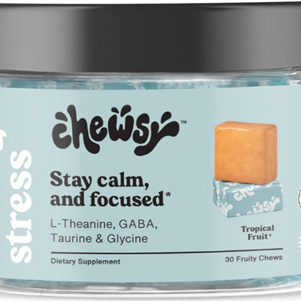 Chewsy So Long Stress, Calm Fruity Chews, Stay Calm & Focused. w/L-theanine, Amino Acid, GABA, Glycine, Tyrosine, Taurine & Magnesium. Non-GMO and Gluten-Free. Tropical Fruity Chews, 30-Day Supply