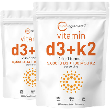 Micro Ingredients Vitamin D3 5,000 IU + K2 MK-7 100 mcg, 2 Pack (600 Softgels) | Liquid-Filled with Sunflower Oil | 2-in-1 Vitamins D & K Complex | Extra Strength, Easy to Swallow, Non-GMO, No Gluten