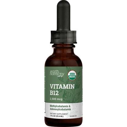 Earth Harmony Naturals Organic Vegan Vitamin B12 Sublingual Liquid Supplement - 2500mcg Methylcobalamin Drops for Natural Energy, Metabolism Health and Immune System Support - 1 Fl Oz