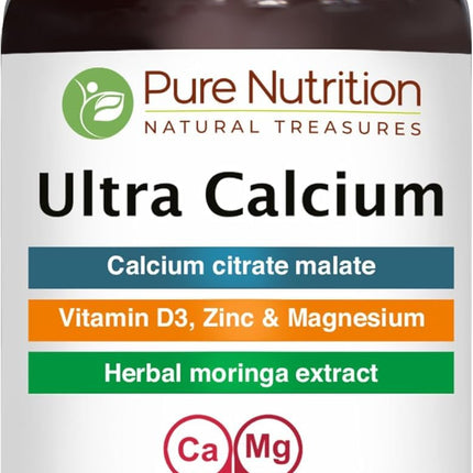 Pure Nutrition Ultra Calcium 1000mg with VIT D3 + K | 90 Tab | Calcium Supplement with Calcium Citrate Malate, VIT D3, K, Moringa Oleifera, Magnesium and Zinc.