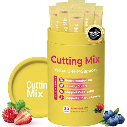 Cutting Drink Mix – Supports Digestive Health, Satiety, and Natural Energy with 5-HTP, Berberine, Cinnamon, Chromium, Yerba Mate, FOS - Strawberry Açaí Flavor - 30 Servings