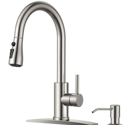 FORIOUS Kitchen Faucets with Soap Dispenser and Pull Down Sprayer, Brushed Nickel, Bar High Arc Single Handle Classic 3 Modes Stainless Steel Faucet for Kitchen Sink Farmhouse RV Laundry Camper
