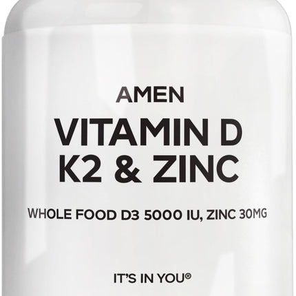 Amen Vitamin D, K2 & Zinc, Cholecalciferol D3 5000 IU, Organic Whole Food Blend with Apple, Blueberry, Cranberry, Elderberry Powder Fruits, Vegan Supplement, D3 K2 Vitamins, Non-GMO - 60 Capsules