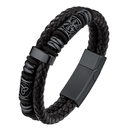 Bestyle Lucky Viking Celtic Bracelet Black Bracelet for Men Double Layer Black Leather Cuff Bracelet, Fashion Punk Retro Men Wristband Leather Bracelet Great Gift for Father Husband, 21cm/8.3 Inch