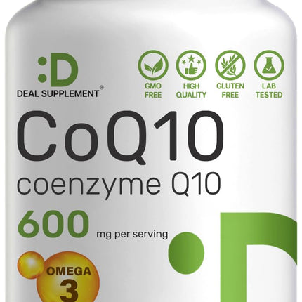 CoQ10 600mg, 120 Capsules – with Omega 3 Fatty Acid 100mg – Max Strength – Bioavailable Coenzyme Q10 Supplements – Heart, Energy, & Brain Health Antioxidant Support – Non-GMO
