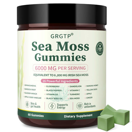 Sea Moss Gummies 16-in-1 - Ashwagandha Black Seed Oil Bladder Wrack Turmeric Vitamin C & D3 with Manuka Burdock Root Dandelion Yellow Dock Natural Detox & Liver Health Immune Support, Energy Boost