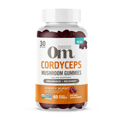 OM MUSHROOM SUPERFOOD Cordyceps Gummies – USA Grown Organic Mushrooms – Supports Endurance, Energy & Recovery – Cherry Burst Flavour – 30 Servings, 60 Count.