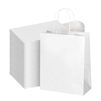 bagmad 100Pcs Pack 8x4.75x10 inch Medium White Kraft Paper Bags with Handles Bulk, Gift Bags, Craft Grocery Shopping Retail Birthday Party Favors Wedding Sacks Restaurant Takeout, Business (100)