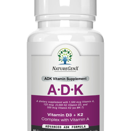 NatureGenX ADK Vitamin Supplement – Vitamins A, D3 & K2 MK-7 for Bone Health & Calcium Absorption – Gluten-Free, Non-GMO, Soy-Free – 60 Capsules (2-Month Supply)