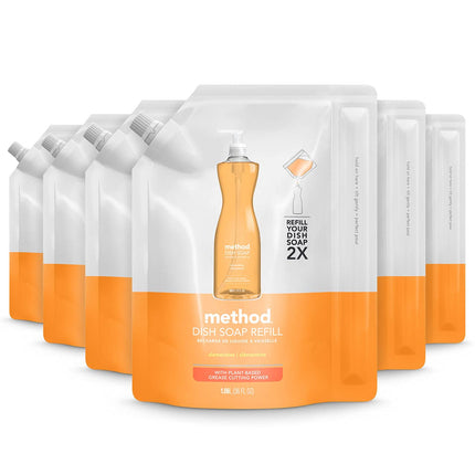 Method Gel Dish Soap Refill, Clementine, Tough on Grease, 36 Fl Oz (Pack of 6)