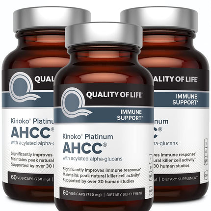 Quality of Life AHCC Kinoko Platinum 750 mg – Premium Immune Support Supplement, Pack of 3-60 Count Bottles