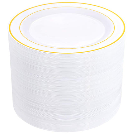 bUCLA 100Pieces Gold Plastic Dinner Plates - 10.25inch White and Gold Plates Disposable for Party - Ideal for Wedding, Party & Daily Use