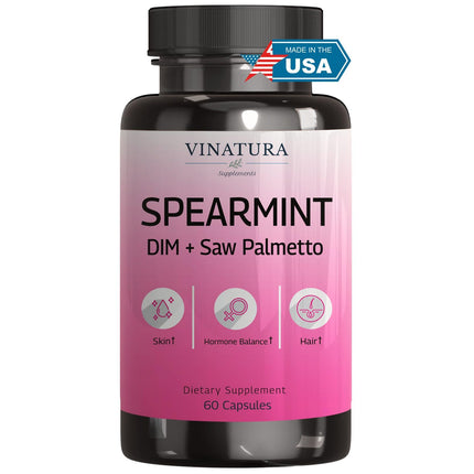 VINATURA Spearmint Capsules Supplement - Spearmint Leaf Extract Enhanced with DIM & Saw Palmetto, for Unwanted Hair, Women Health & Skin, USA Made & Tested, 60 Capsules