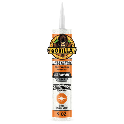 Gorilla Max Strength Construction Adhesive, Clear, 9 oz Cartridge