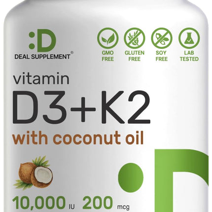 DEAL SUPPLEMENT Vitamin D3 10,000 IU + K2 MK7 200mcg Softgels, 250 Count | 2-in-1 Complex with Virgin Coconut Oil | Easy to Swallow