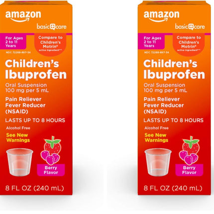 Amazon Basic Care Children's Ibuprofen Oral Suspension, 100 mg per 5 mL, Pain Reliever and Fever Reducer, Berry Flavor, for Sore Throat, Headache Relief and More, 8 fl oz (Pack of 2)