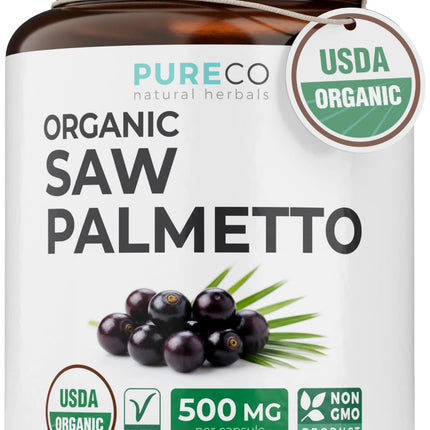 PURE CO USDA Organic Saw Palmetto Supplement - Organic Saw Palmetto for Women & Men's Urinary Tract Prostate & DHT Blocker for Women - Whole Berries - Vegan Non-GMO & Lab Verified (2 Month Supply)
