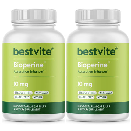 BESTVITE Bioperine 10mg (240 Vegetarian Capsules) (120 x 2) - No Stearates - Vegan - Non GMO - Gluten Free - Absorption Enhancer