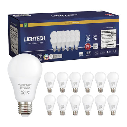 A19 LED Light Bulbs, 12 Pack, 60 Watt Equivalent, 9W Soft White Warm White 3000K LED Light Bulb, 810 LM, Bedroom, Living Room, Kitchen, Garage, Soft White LED Light Bulbs, Non-Dimmable, E26, UL Listed