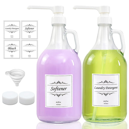 2 Pcs Glass Liquid Laundry Detergent Dispenser with Pump (Upgraded), 64 oz Dispenser for Laundry Room, Half Gallon Glass Jugs with Airtight Lid