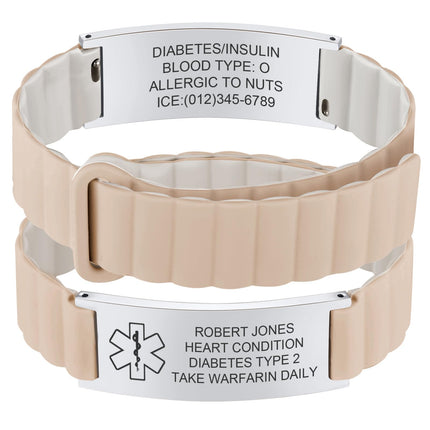 MEALGUET Comfortable Medical ID Bracelet for Men & Women - Custom Engraved Silicone Strap Comfort Medical Alert Bracelets for Sports,Adjustable Waterproof Customizable ID Wristband,White blue