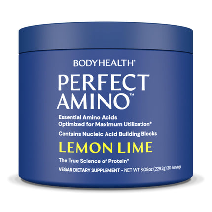 BodyHealth PerfectAmino Powder - BCAA and EAA Powder for Pre and Post Workout - Amino Acid Energy Drink for Men and Women to Support Lean Muscle and Recovery - Lemon Lime - 30 Servings