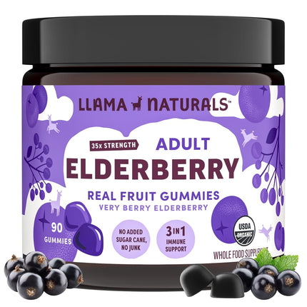 Llama Naturals Elderberry Gummies for Adults, Vegan, Organic Immune Support Supplement with Vitamin C and Zinc, Real Fruit Gummy Vitamins for Immunity, Chewable, No Added Sugar Cane, 90 Ct