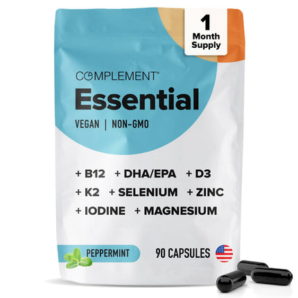 Complement Essential Vegan Multivitamin for Women & Men - Immune Support Supplement with Omega-3 DHA & EPA, B12, Vitamin D3 & K2, Zinc, Selenium, Magnesium, Iodine (30 Servings, 90 Capsules)