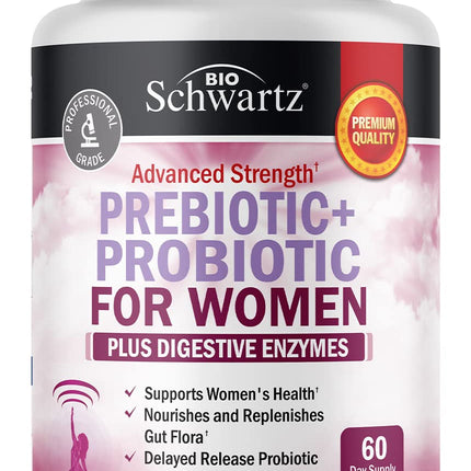 Prebiotics and Probiotics for Women - with Black Cohosh and Red Clover for Gut, Vaginal and Immune Health Support, Whole Food Digestive Enzymes Capsules, Lactobacillus Probiotic Supplement, 60 Count