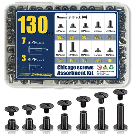 ArcNascency 130 Sets Gunmetal Black Chicago Screws Leather Rivets Kit, 7 Sizes (M5*4,5,6,8,10,12,15) & 3 Screw Lengths (M4*3,4,5) for Belts, Bookbinding, DIY Leather