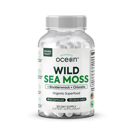 Organics Ocean Wild Sea Moss Capsules - 100% Organic Irish Sea Moss with Organic Chlorella, Bladderwrack and Vitamin D for Energy, Lung Health and Thyroid Support for Women and Men - 60 Capsules